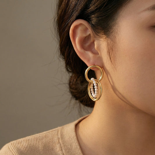 Destiny Double Circle and Pearl Drop Dangle Earrings