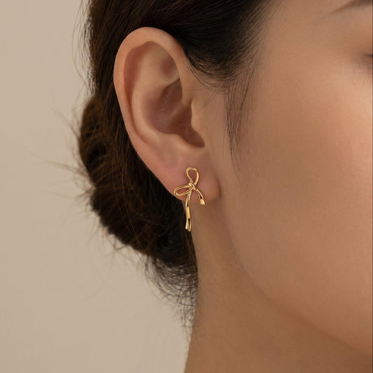 Julietta Minimalist Bow Tie Ribbon Drop Stud Earrings